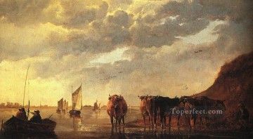 アエルベルト・カイプ Painting - 川沿いの牛を持つ牧夫 田園風景画家 アルバート・カイプ